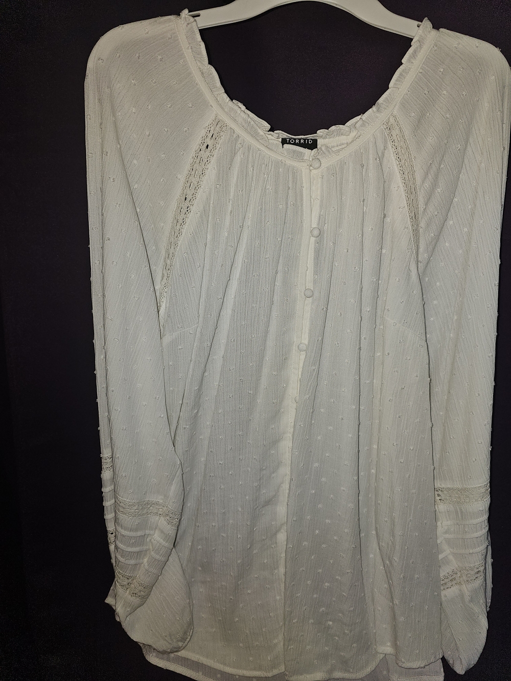 Torrid White Swiss Dot Button-Front Peasant Top